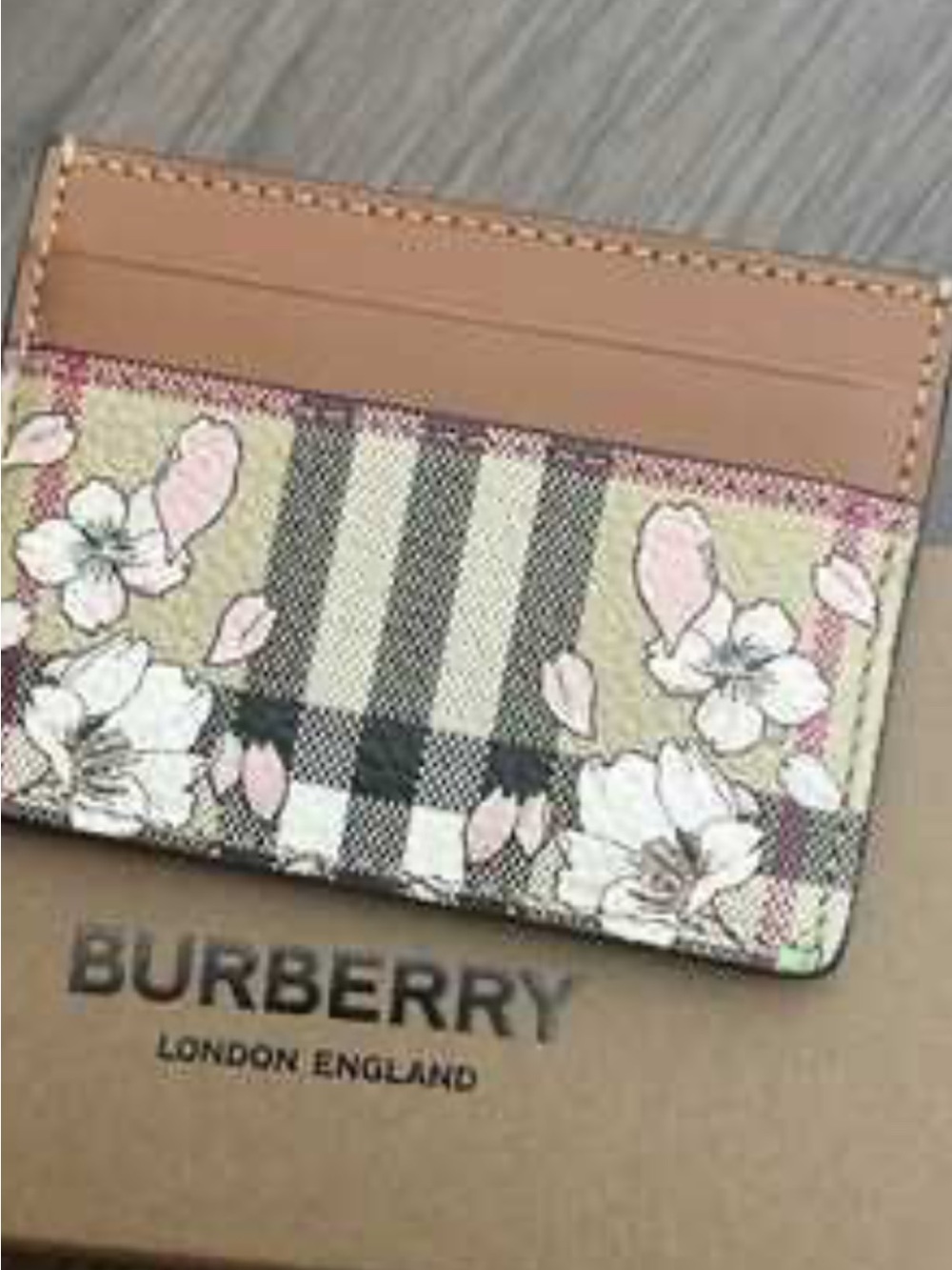 Burberry Cherry Blossom Floral Leather Trim Card Holder